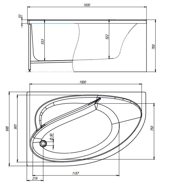картинка Акриловая ванна TIMO IVA1610L 160х100х70 каркас слив-перелив 