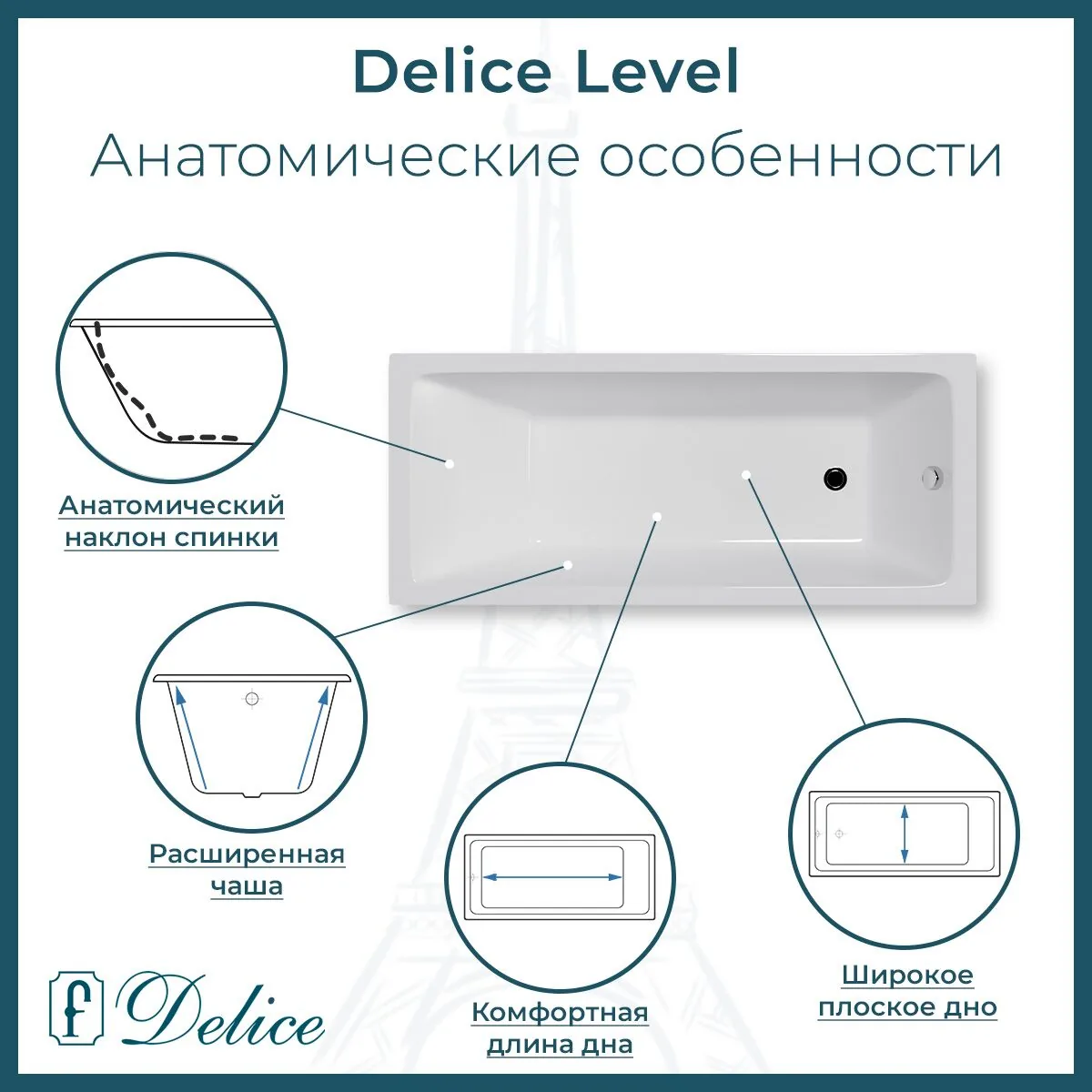 картинка Ванна чугунная Delice Level 170х75 с антискользящим покрытием DLR230602-AS 