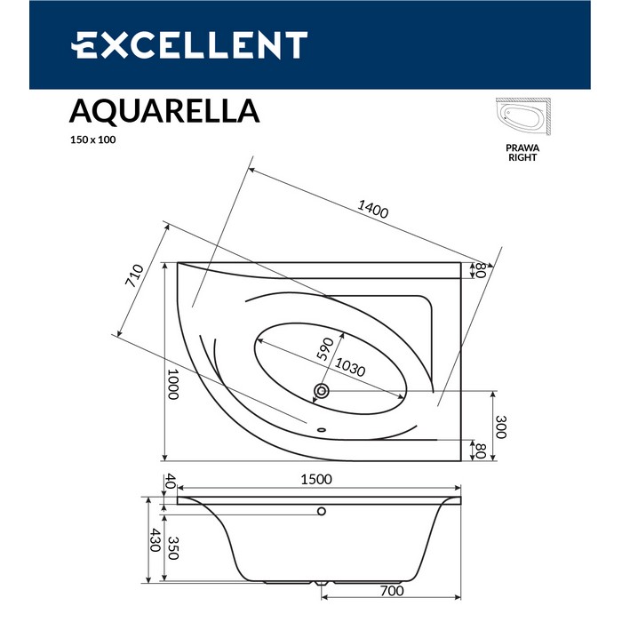 картинка Ванна EXCELLENT Aquarella 150x100 правая с ножками HW-ST-NWAEX-68 