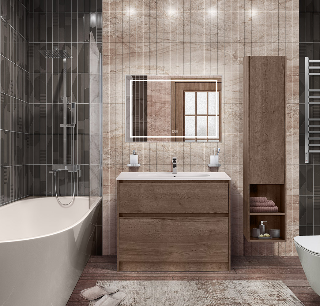 фото Тумба с раковиной напольная BelBagno KRAFT 100 Rovere Tabacco, раковина LOV-1000-LVB белая 