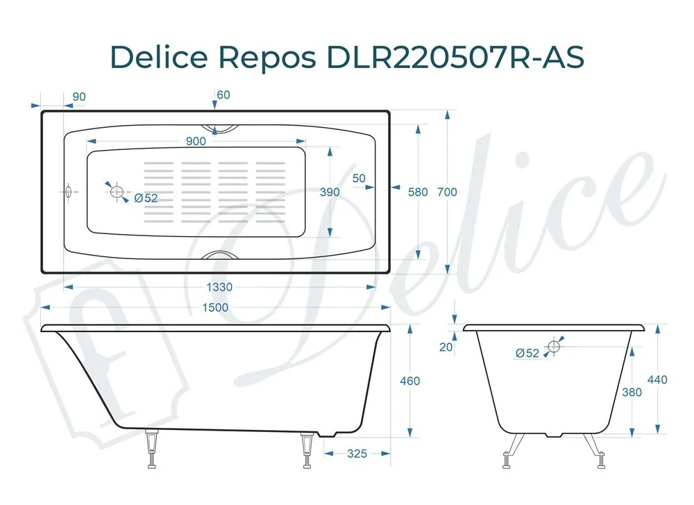картинка Ванна чугунная Delice Repos 150х70 с ручками и антискользящим покрытием DLR220507R-AS 