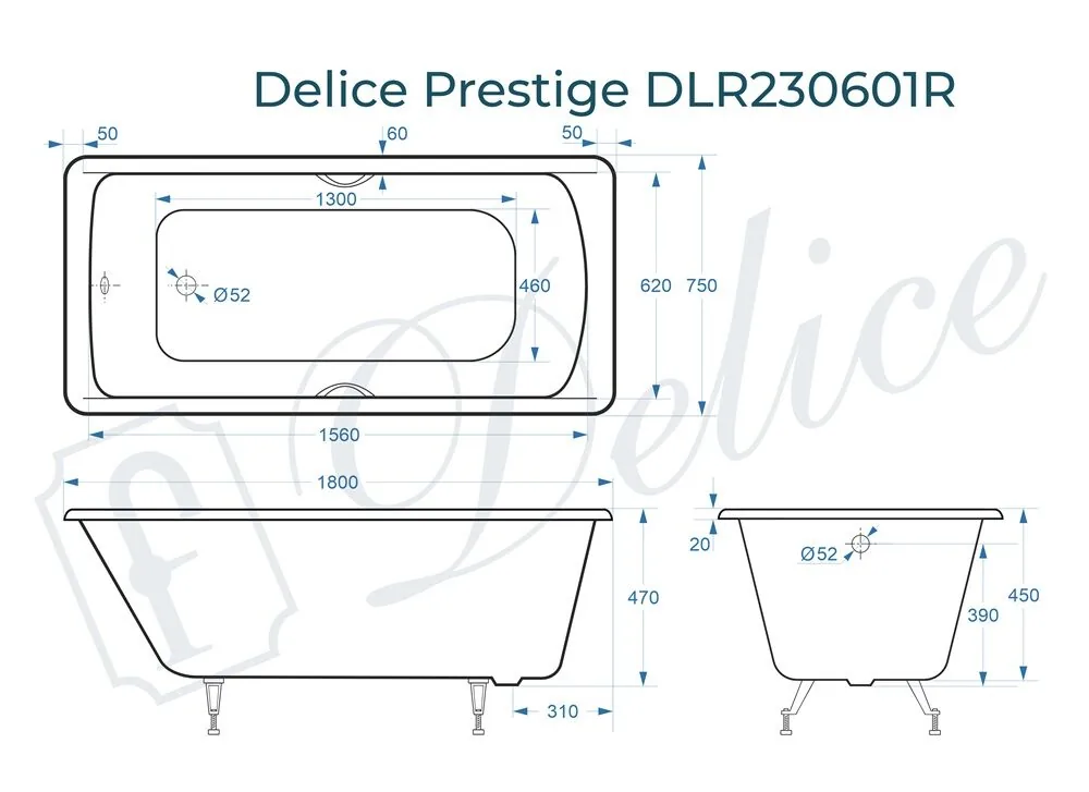 картинка Ванна чугунная Delice Prestige 180х75 с отверстиями под ручки DLR230601R 