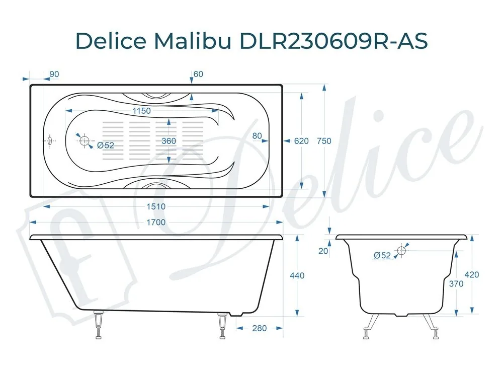 картинка Ванна чугунная Delice Malibu 170х75 с отверстиями под ручки и антискользящим покрытием DLR230609R-AS 