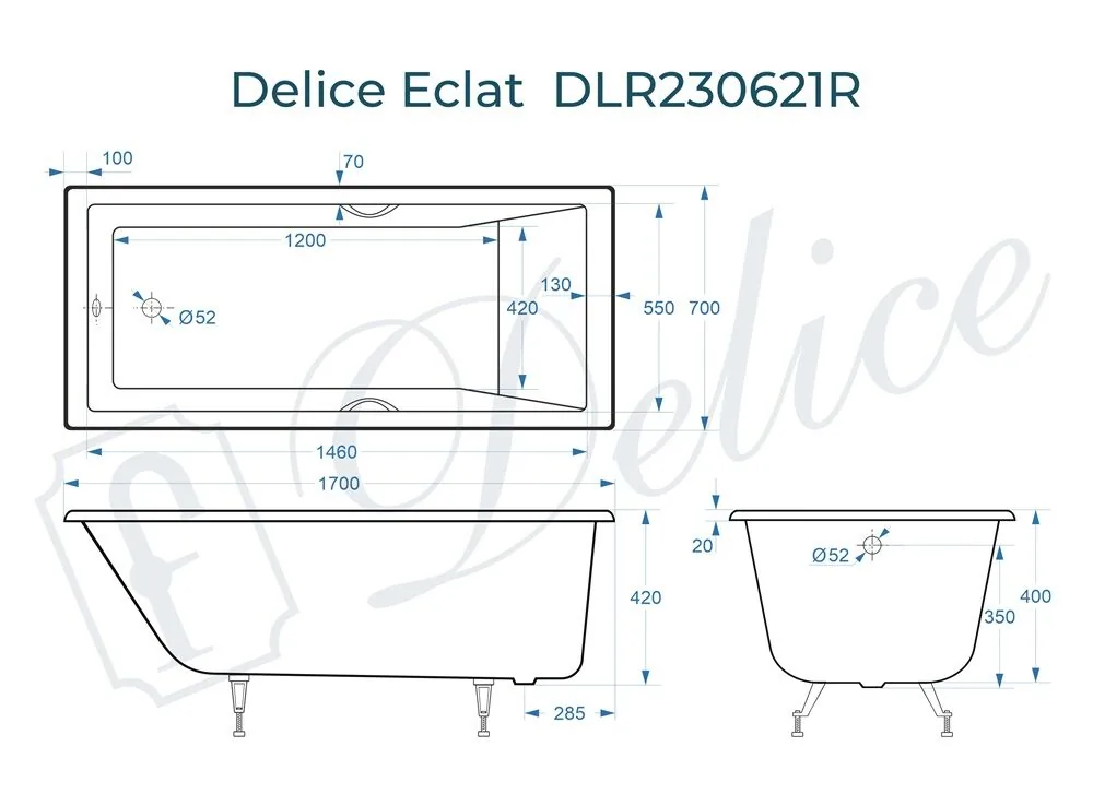 картинка Ванна чугунная Delice Eclat 170х70 с отверстиями под ручки DLR230621R 