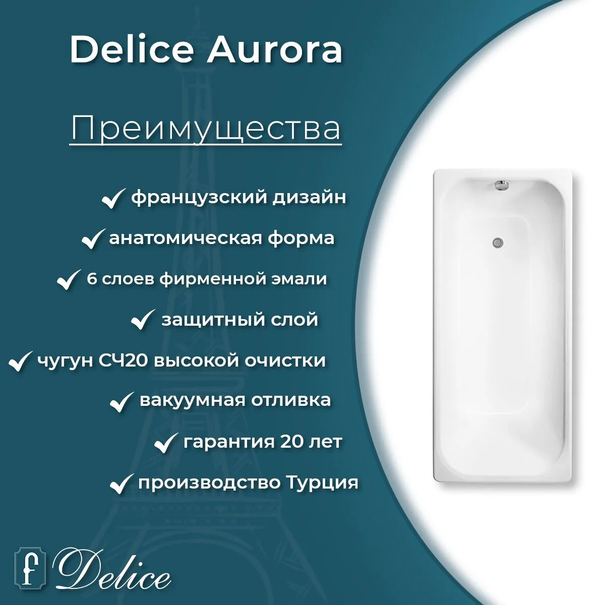картинка Ванна чугунная Delice Aurora 170х70 с отверстиями под ручки DLR230605R 