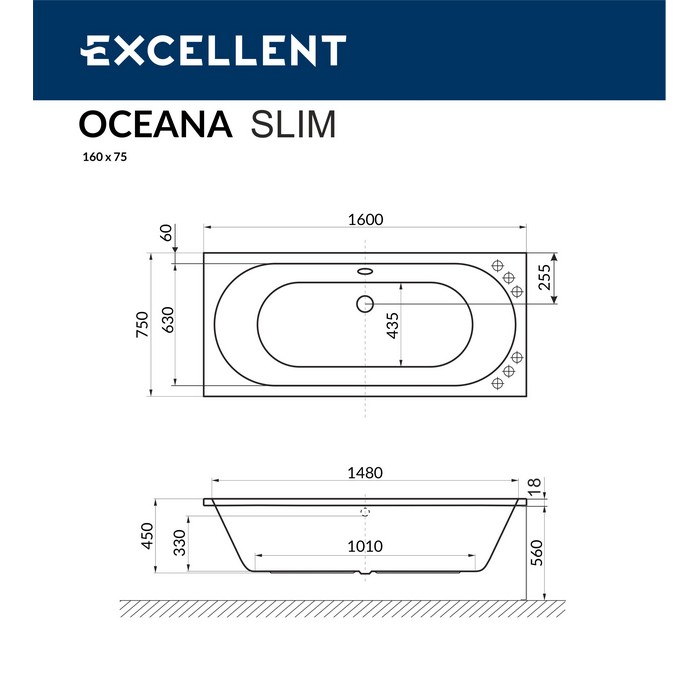 картинка Ванна EXCELLENT Oceana Slim 160x75 с ножками NWT-50 