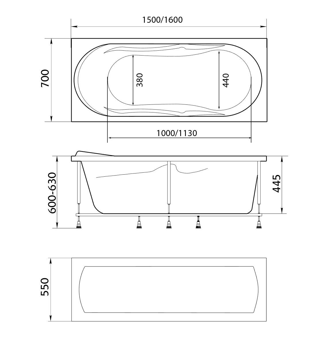 картинка Ванна Marka One VITA 150x70 с каркасом и слив-переливом 