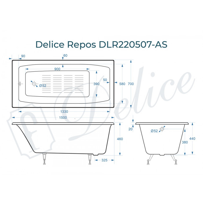 картинка Ванна чугунная Delice Repos 1500х700 без ручек с ножками и антискользящим покрытием 