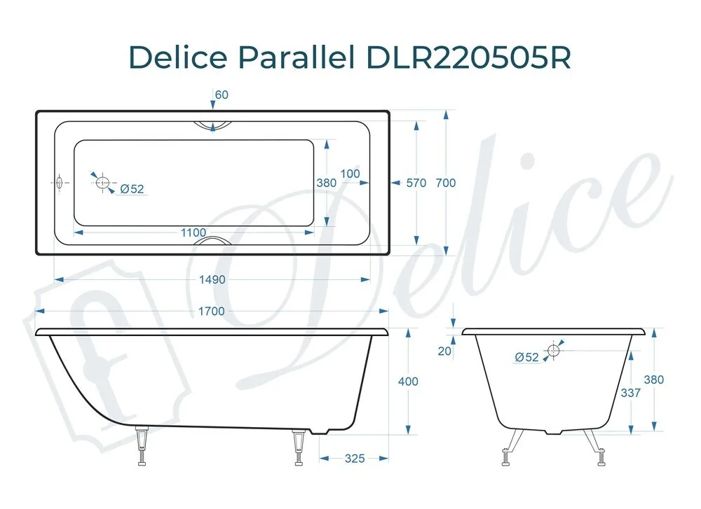картинка Ванна чугунная Delice Parallel 170х70 с ручками DLR220505R 