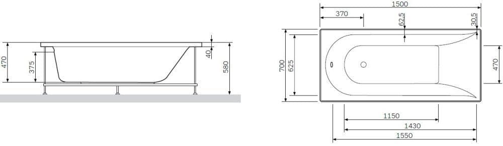 картинка Акриловая ванна AM.PM Spirit 150x70 без гидромассажа с каркасом W72A-150-070W-R2 