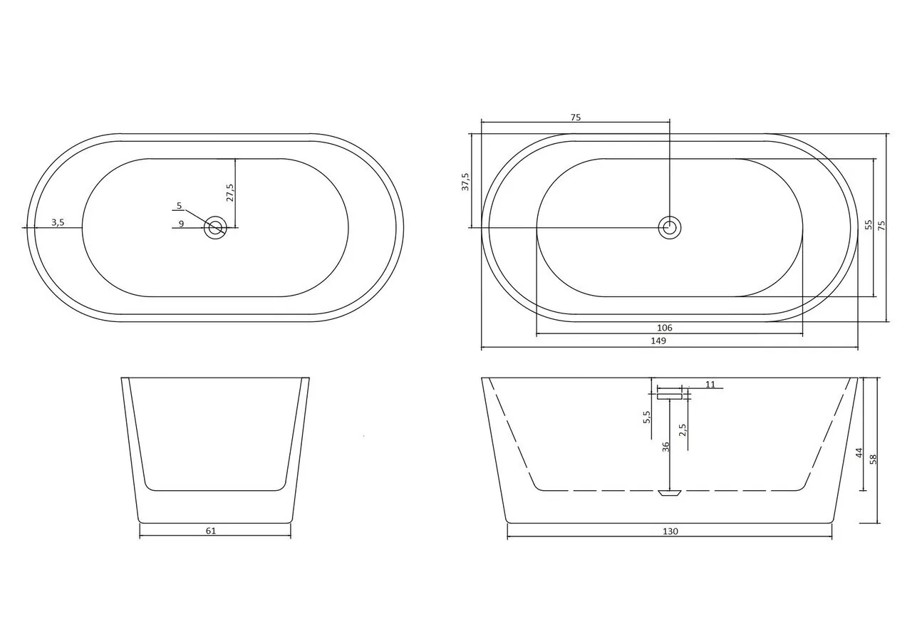 картинка Ванна Ceruttispa RESIA150 акриловая отдельностоящая 1500x750x580 
