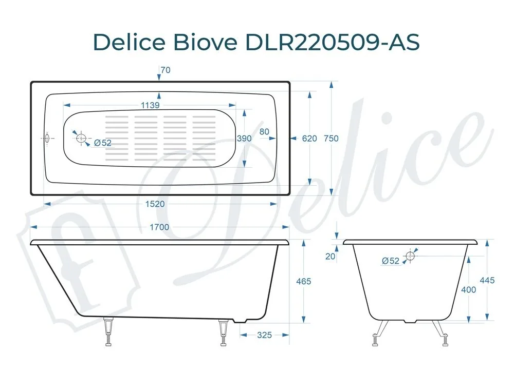 картинка Ванна чугунная Delice Biove 170х75 с антискользящим покрытием DLR220509-AS 