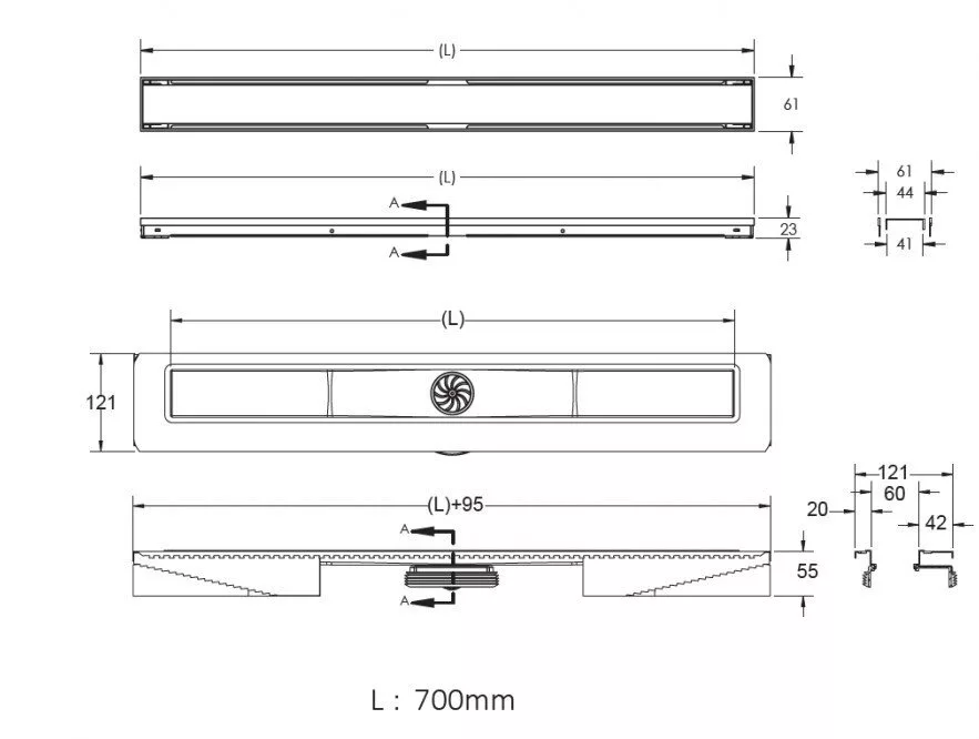 картинка Желоб водосток BERGES B1 Antik 700, матовый хром, вертикальный выпуск S-сифон D50/105мм H30/80мм 