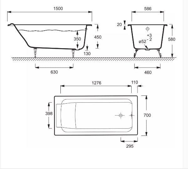 картинка Чугунная ванна Jacob Delafon Parallel 150x70 с ножками E4113-NF и слив-переливом E6D159-CP P хром 