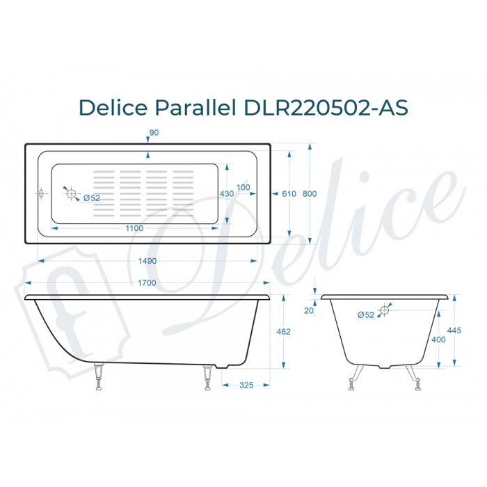 картинка Ванна чугунная Delice Parallel 1700х800 без ручек с ножками и антискользящим покрытием 