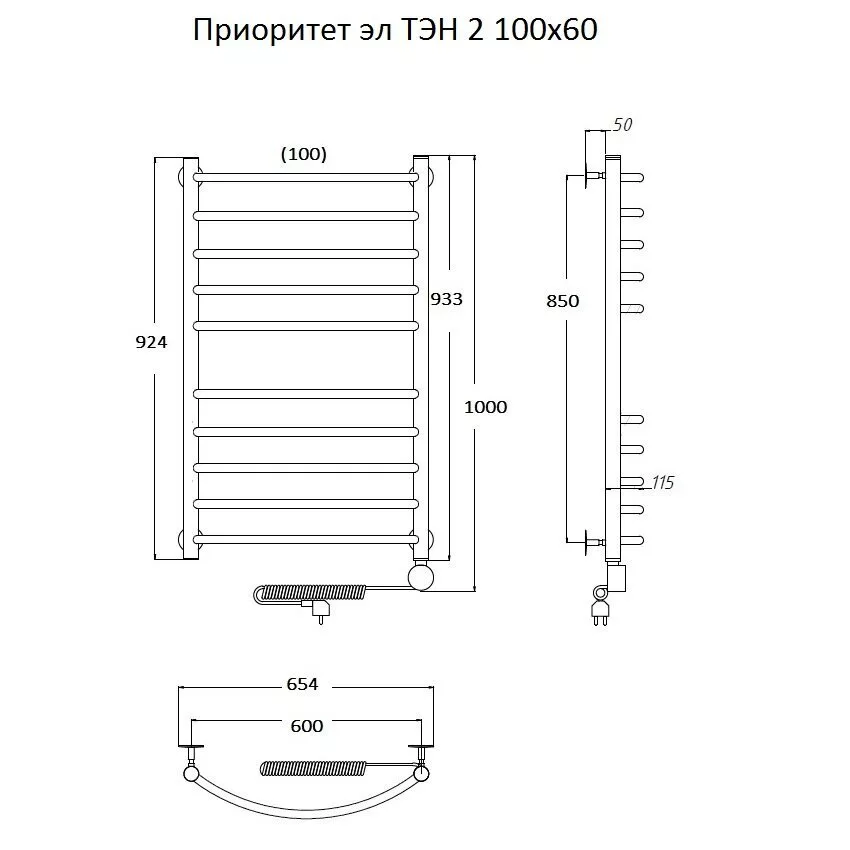 картинка Полотенцесушитель Тругор Приоритет эл ТЭН 2 100*60 (ЛЦ2) (Приоритет2/элТЭН10060) 
