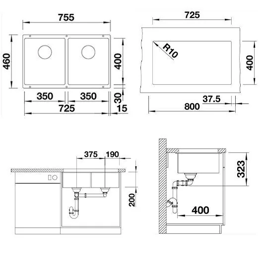картинка Кухонная мойка Blanco Subline 350/350-U антрацит 523574 