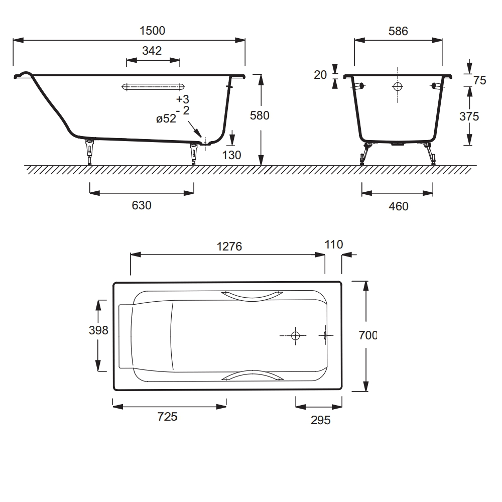 картинка Чугунная ванна Jacob Delafon Parallel 150x70, с ручками и ножками E4113-NF 