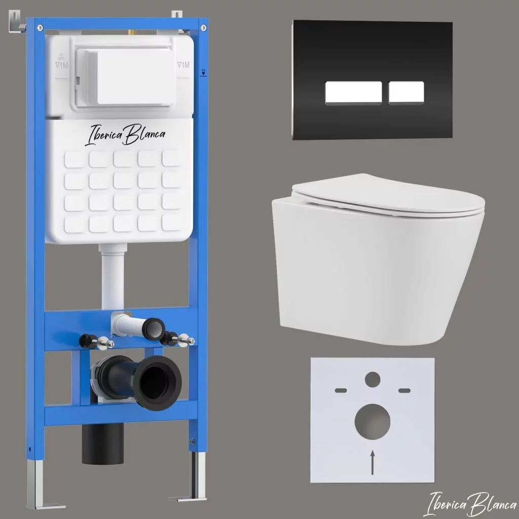 картинка Комплект 3 в 1 IBERICA BLANCA инсталляция с унитазом BURGOS ALTO IB.BRA.231.1B1 клавишей черная глянцевая стекло CRYSTAL-R IB.B022.001.001 