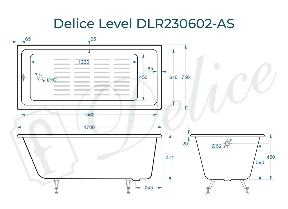 картинка Ванна чугунная Delice Level 170х75 с антискользящим покрытием DLR230602-AS 