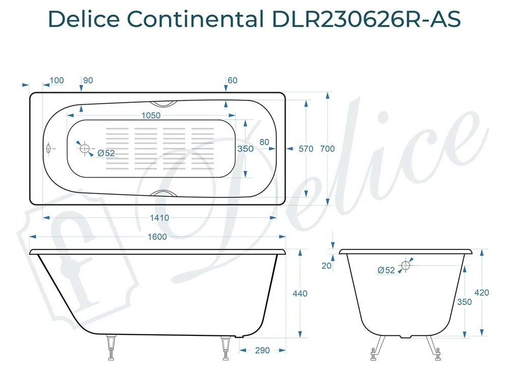 картинка Ванна чугунная Delice Continental 160х70 с отверстиями под ручки и антискользящим покрытием DLR230626R-AS 
