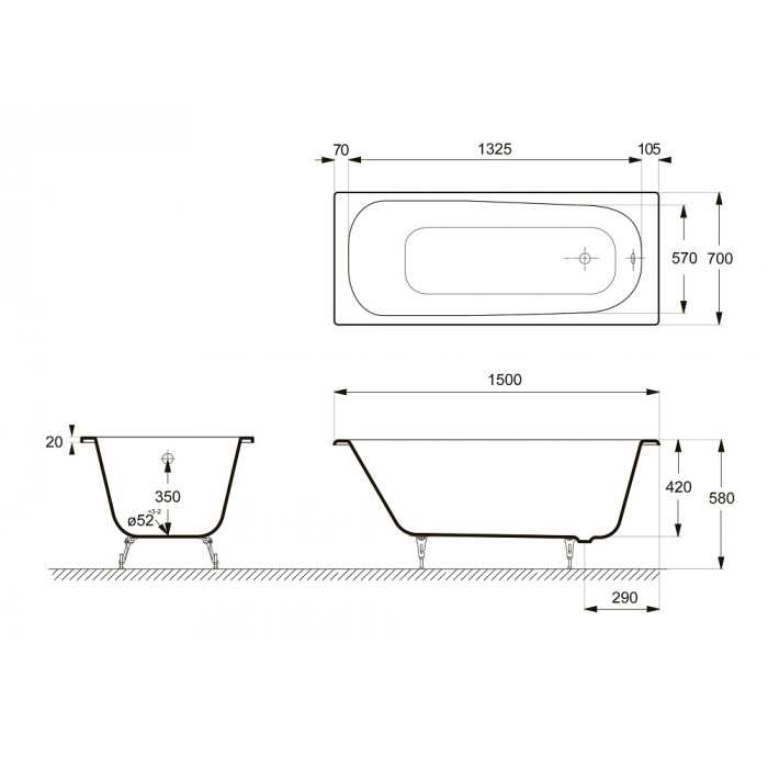 картинка Ванна чугунная Delice Continental 1500х700 с ножками и ручками DLR000003 хром 
