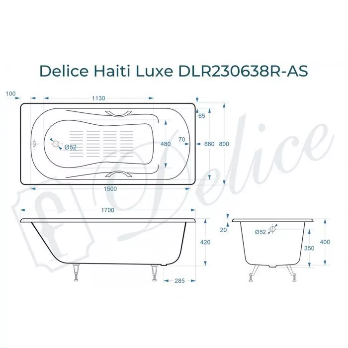 картинка Ванна чугунная Delice Haiti Luxe 170х80 с отверстиями под ручки и антискользящим покрытием DLR230638R-AS с ножками и переливом DLR000017 