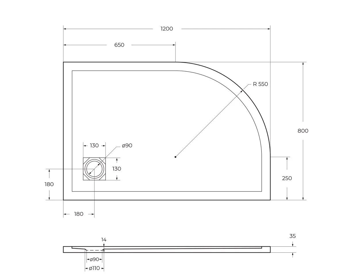 фото Душевой поддон из искусственного мрамора с сифоном BelBagno UNO TRAY-MR-UNO-RH-120/80-550-35-W-R-NO 