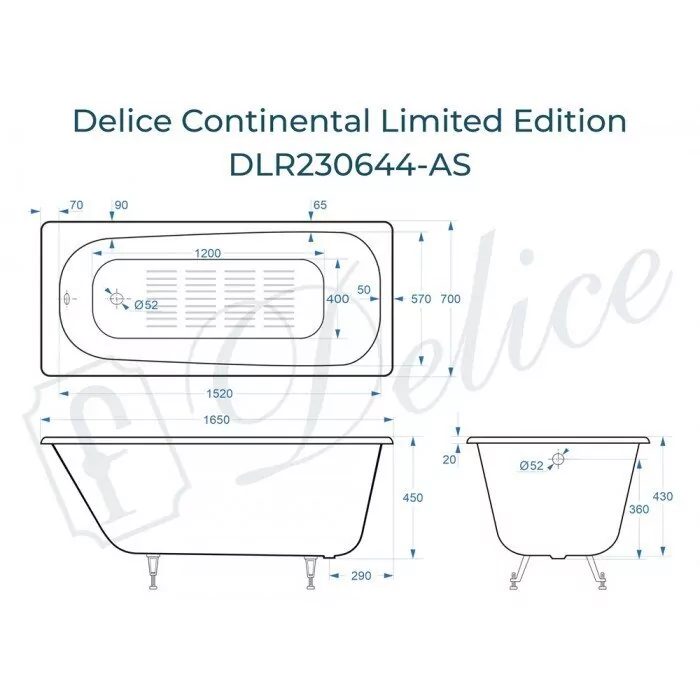 картинка Ванна чугунная Delice Continental Limited Edition 165х70 с антискользящим покрытием DLR230644-AS с ножками и переливом DLR000017 