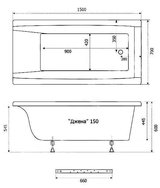 картинка Акриловая ванна Triton Джена 150 с ножками Triton Стандарт и слив-переливом Triton Стандарт ЕМ601TR 