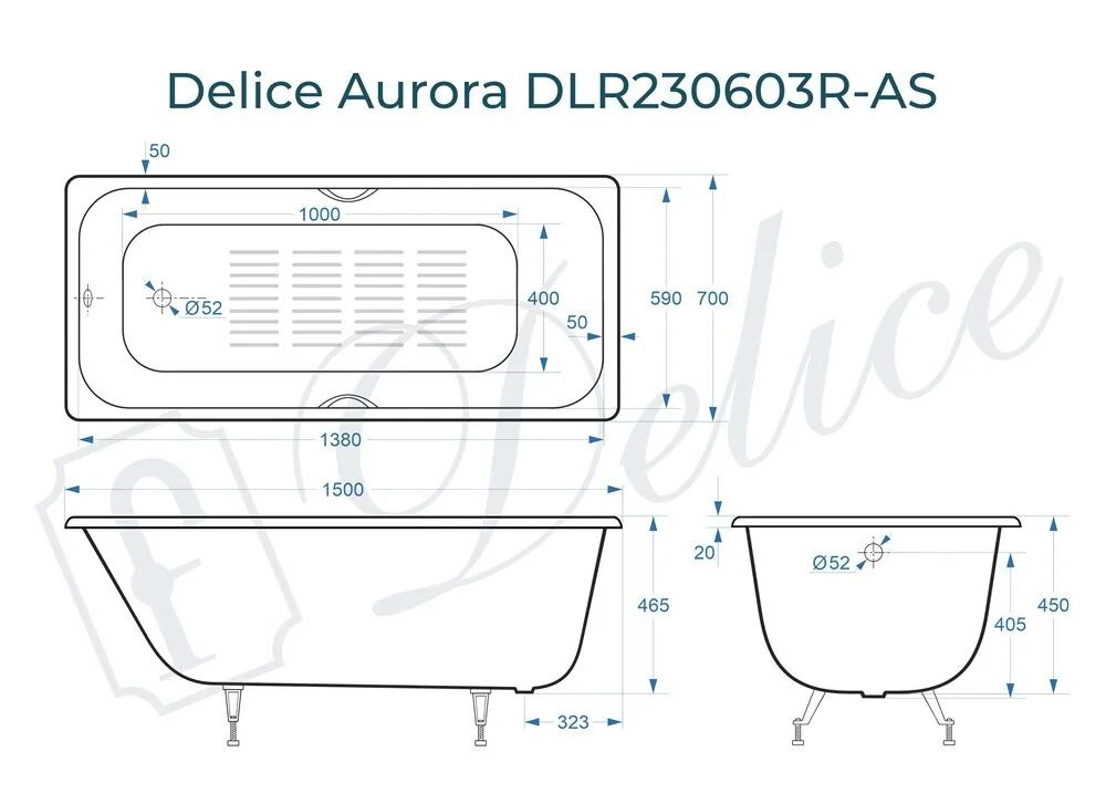 картинка Ванна чугунная Delice Aurora 150х70 с отверстиями под ручки и антискользящим покрытием DLR230603R-AS 