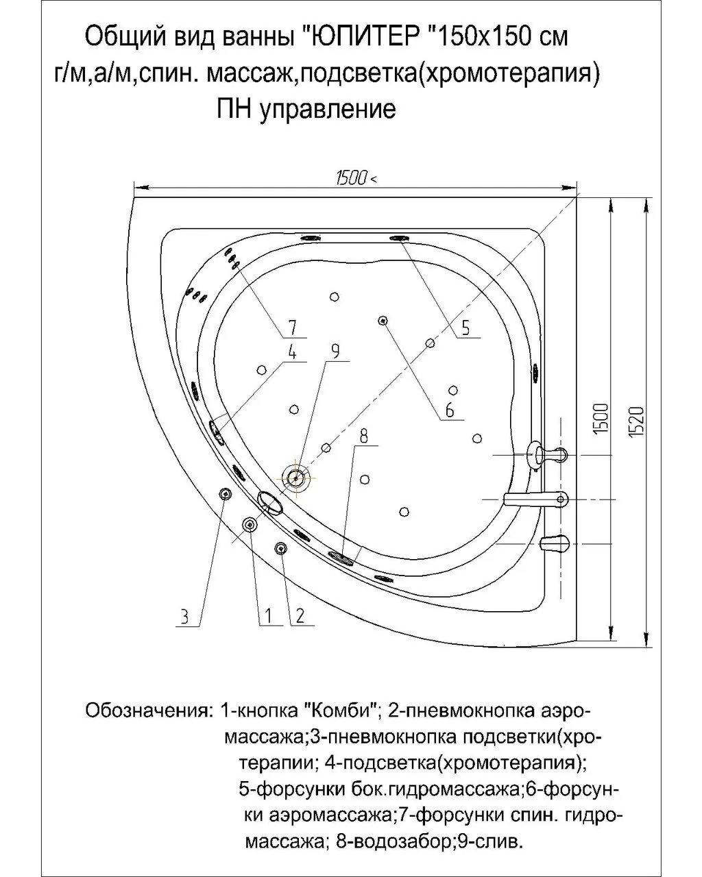 картинка Акриловая ванна Aquatek Юпитер 150x150 угловая с каркасом 