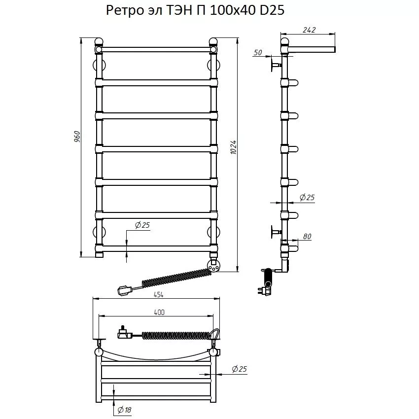 картинка Полотенцесушитель Тругор Ретро эл ТЭН П 100*40 (ЛЦ33 нов) D25 (Ретро/элТЭН10040 D25 П) 