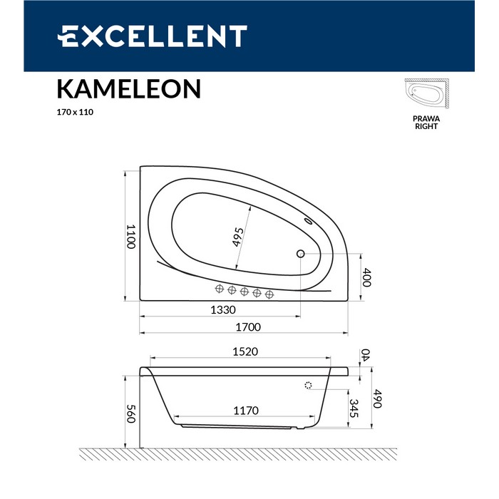 картинка Ванна EXCELLENT Kameleon 170x110 правая LINE хром 