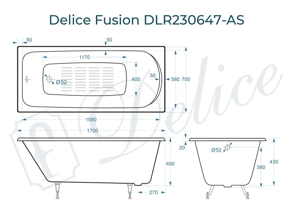 картинка Ванна чугунная Delice Fusion 170х70 с антискользящим покрытием DLR230647-AS 