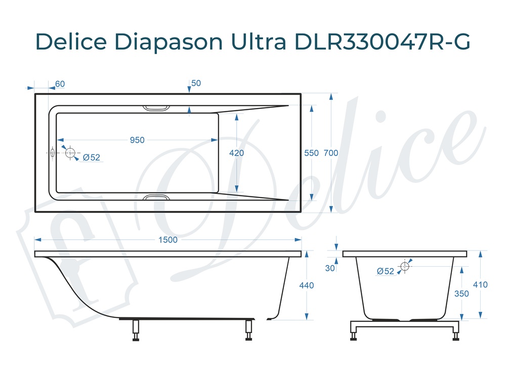 картинка Ванна из литьевого мрамора Delice Diapason Ultra с узким бортом 150х70 глянцевая с ручками Хром DLR330047R-G 