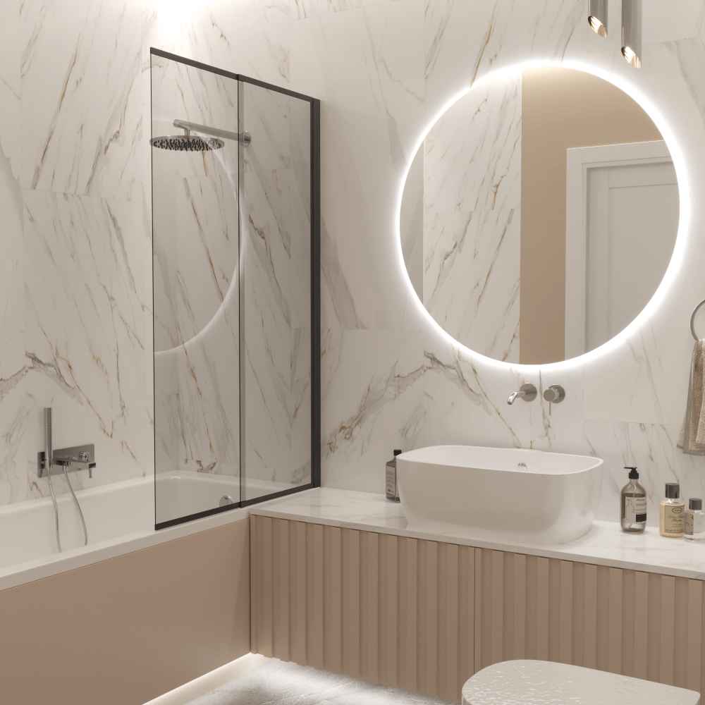картинка Шторка для ванны Iberica Blanca Mod.801 Slide Open поворотно-раздвижная тонированная профиль черный 90х150 см 