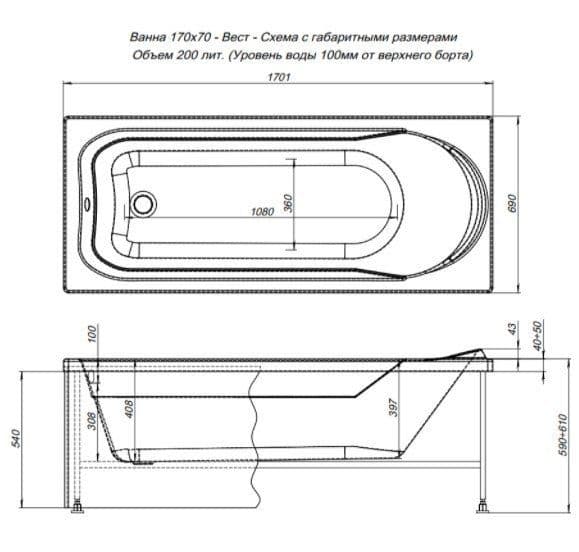 картинка Акриловая ванна Aquanet West 170x70 