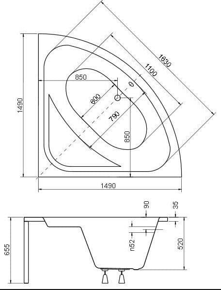 картинка Акриловая ванна Besco Luksja 148x148 с ножками Stel 