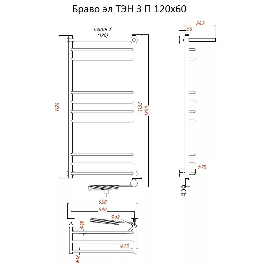картинка Полотенцесушитель Тругор Браво эл ТЭН 3 П 120*60 (ЛЦ4) (Браво3/элТЭН12060 П) 
