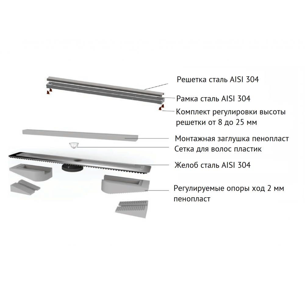 картинка Желоб водосток BERGES B1 Antik 300, матовый хром, вертикальный выпуск S-сифон D50/105мм H30/80мм 