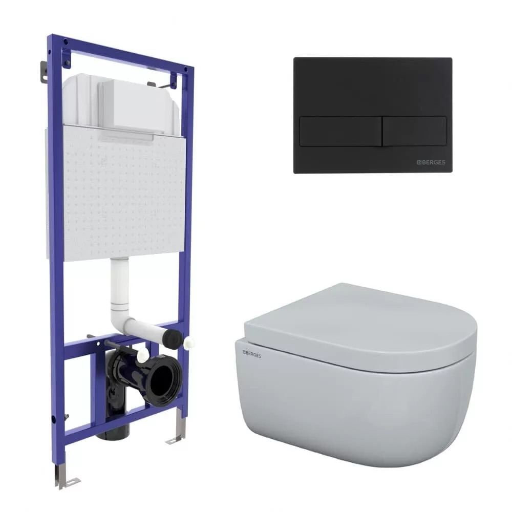 картинка Комплект BERGES: инсталляция NOVUM525, кнопка L5 SoftTouch черная, унитаз EGO Rimless, сиденье дюропласт Toma SO 