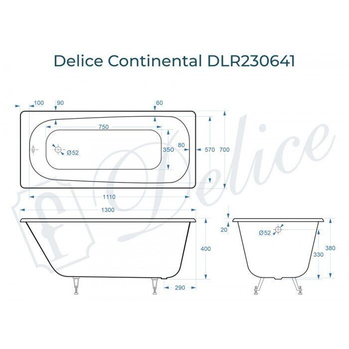 картинка Ванна чугунная Delice Continental 130х70 DLR230641 с ножками и переливом DLR000019 