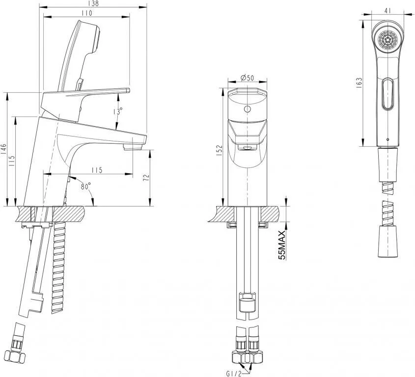 картинка Смеситель для раковины с гигиеническим душем Bravat Line F15299C-2 
