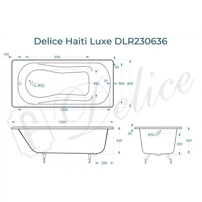 картинка Ванна чугунная Delice Haiti Luxe 150х80 DLR230636 с ножками и переливом DLR000017 