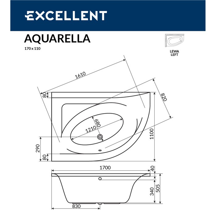 картинка Ванна EXCELLENT Aquarella 170x110 левая с каркасом MR-02 
