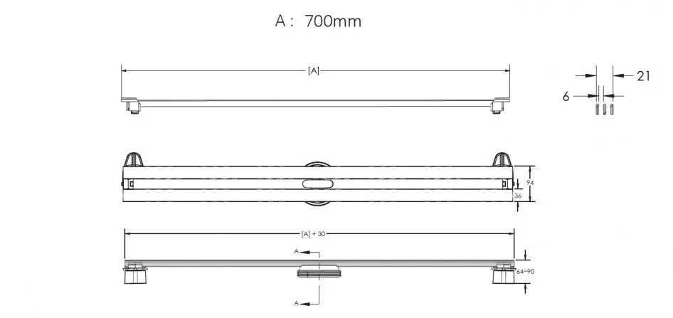 картинка Желоб водосток BERGES SUPER Slim 700, матовый хром, боковой выпуск S-сифон D50 H60 