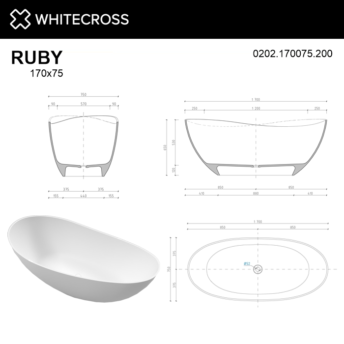 картинка Ванна WHITECROSS Ruby 170x75 белый мат иск. камень 