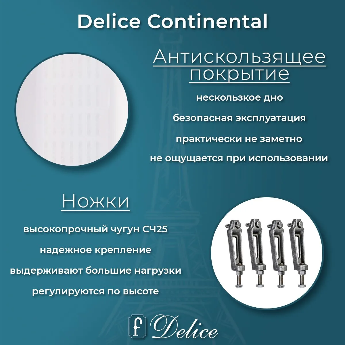 картинка Ванна чугунная Delice Continental 120х70 с антискользящим покрытием DLR230640-AS 