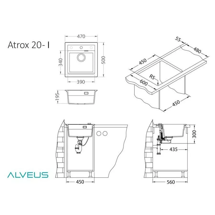 картинка Мойка Alveus GRANITAL ATROX 20 BEIGE - G55 470 X  500  1X в комплекте с сифоном 